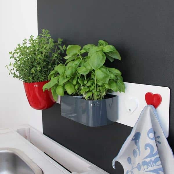 Smal wit magneetbord met magnetische bakjes en een haak magneet in de vorm van een rood en wit hart