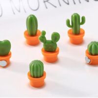 Zes koelkastmagneetjes in de vorm van een cactus in een terracotta kleur potje van plastic