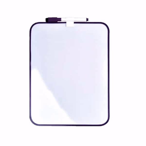 Klein whiteboard met een paarse rand en een whiteboard marker