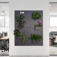 Zwart groot magneetbord van 1 meter bij 1.45 meter dat in zwarte stijl is ingericht met zwarte magnetische bakjes in verschillende maten en groene kamerplanten