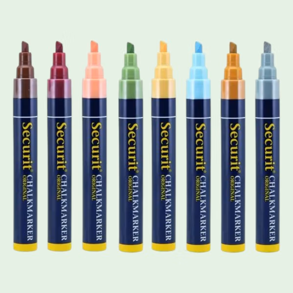 Voorbeelden van de kleuren stiften uit de 8 delige kleurenset krijtstiften van Securit