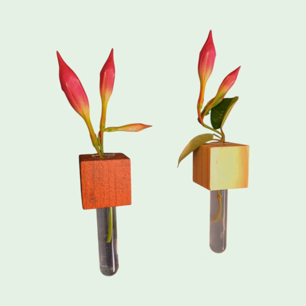 Muurvaasjes met magneet in twee kleuren met donker roze bloem