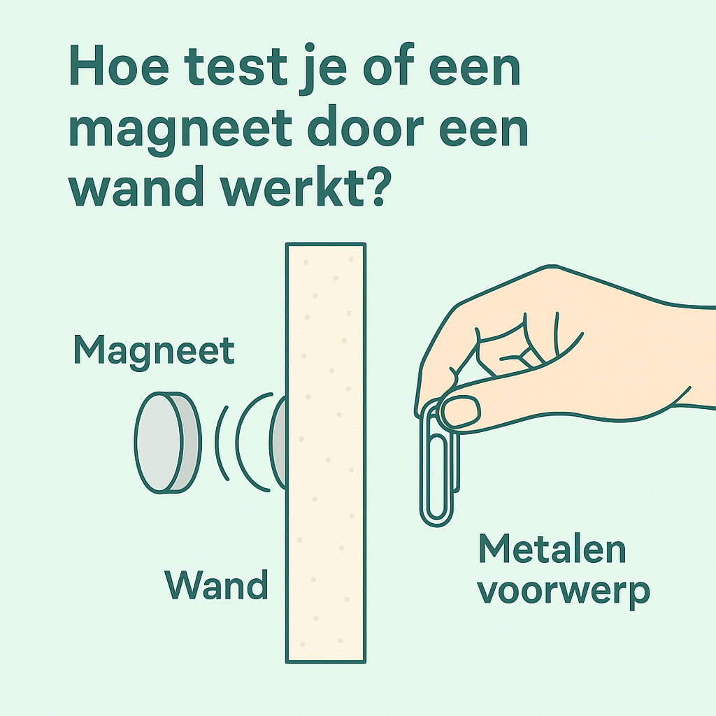 Diagram: testopstelling met twee magneten aan weerszijden van een wand en een metalen voorwerp (paperclip)