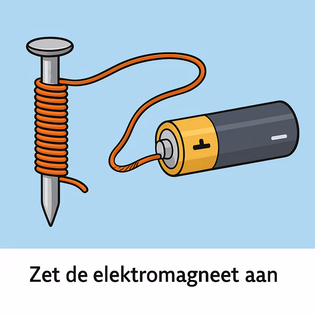 Illustratie van een spijker met koperdraad die wordt aangesloten op een AA-batterij om een elektromagneet aan te zetten.