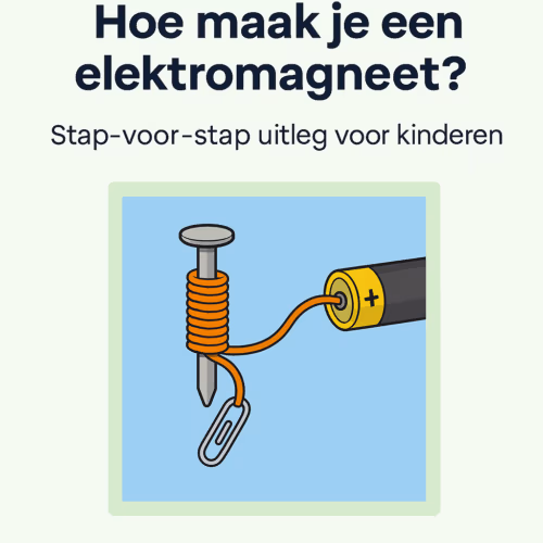 Illustratie van een eenvoudige elektromagneet met een spijker, koperdraad en batterij, met de titel ‘Hoe maak je een elektromagneet?’ bedoeld als uitgelichte afbeelding voor een kindvriendelijke stap-voor-stap uitleg.