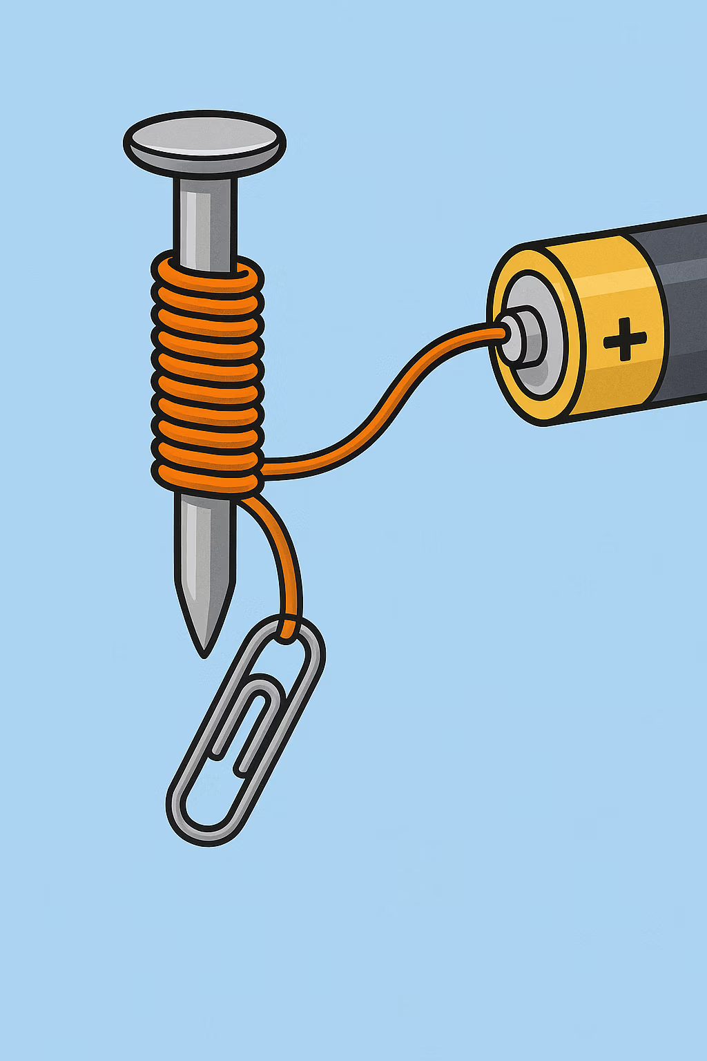 Illustratie van een eenvoudige elektromagneet waarbij een spijker met koperdraad een paperclip optilt zodra de batterij is aangesloten.