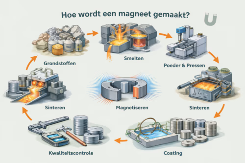 Infographic die stap voor stap laat zien hoe een neodymium magneet wordt gemaakt: van grondstoffen en smelten tot persen, sinteren, magnetiseren en coating, in huisstijl van MagneetjesWinkel.nl