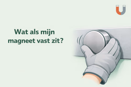 Illustratie van een magneet die vastzit aan een metalen oppervlak – veilige uitleg over het losmaken van magneten door MagneetjesWinkel.nl