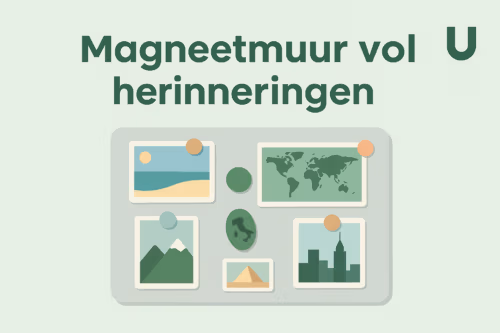 Minimalistische illustratie van een magneetmuur vol herinneringen, met gestileerde reisfoto’s en pastelgekleurde magneten op een mintgroene achtergrond, in de huisstijl van MagneetjesWinkel.nl.