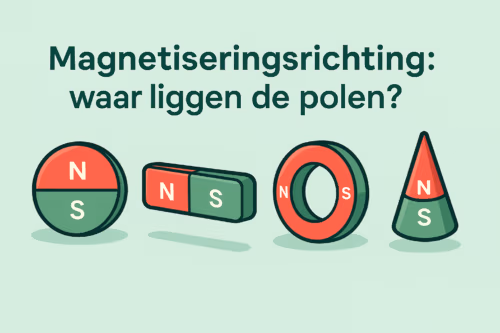 Uitgelichte afbeelding voor het artikel over magnetiseringsrichting, met illustraties van een schijfmagneet, staafmagneet, ringmagneet en conusmagneet met duidelijk weergegeven noord- en zuidpolen, in de mintgroene huisstijl van MagneetjesWinkel.nl.