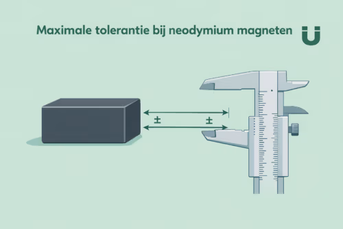 Illustratie van neodymium magneet met schuifmaat die tolerantie in afmetingen toont – Kennisbank MagneetjesWinkel.nl