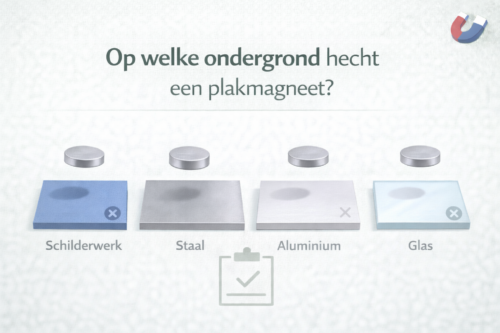 Voorbeeld van een plakmagneet boven verschillende oppervlakken om te illustreren op welke ondergrond een plakmagneet goed hecht – MagneetjesWinkel.nl