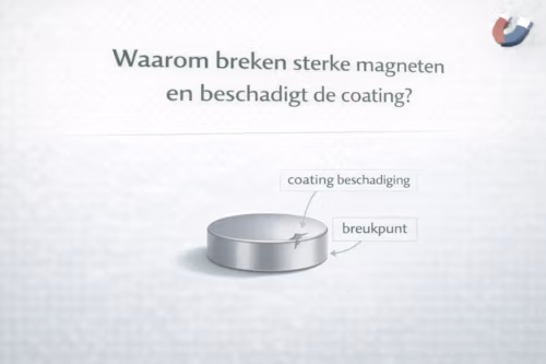 Illustratie van een magneet met een kleine defectlijn in de coating om te laten zien waarom sterke magneten kunnen breken en coatings kunnen beschadigen – MagneetjesWinkel.nl