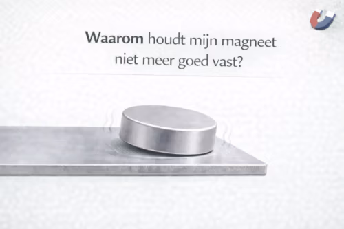 Illustratie van een magneet die net niet volledig vlak op een metalen oppervlak ligt om te laten zien waarom een magneet niet meer goed vasthecht – MagneetjesWinkel.nl