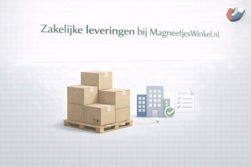 Illustratie van pakketten en een bedrijfsgebouw-icoon ter visualisatie van zakelijke leveringen bij MagneetjesWinkel.nl