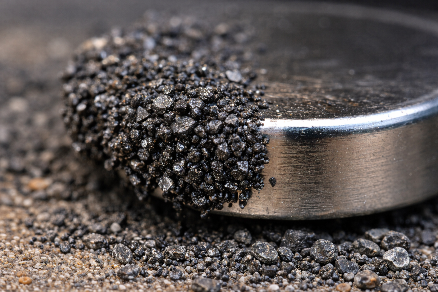 Close-up van magnetische metaaldeeltjes die aan een magneet hangen