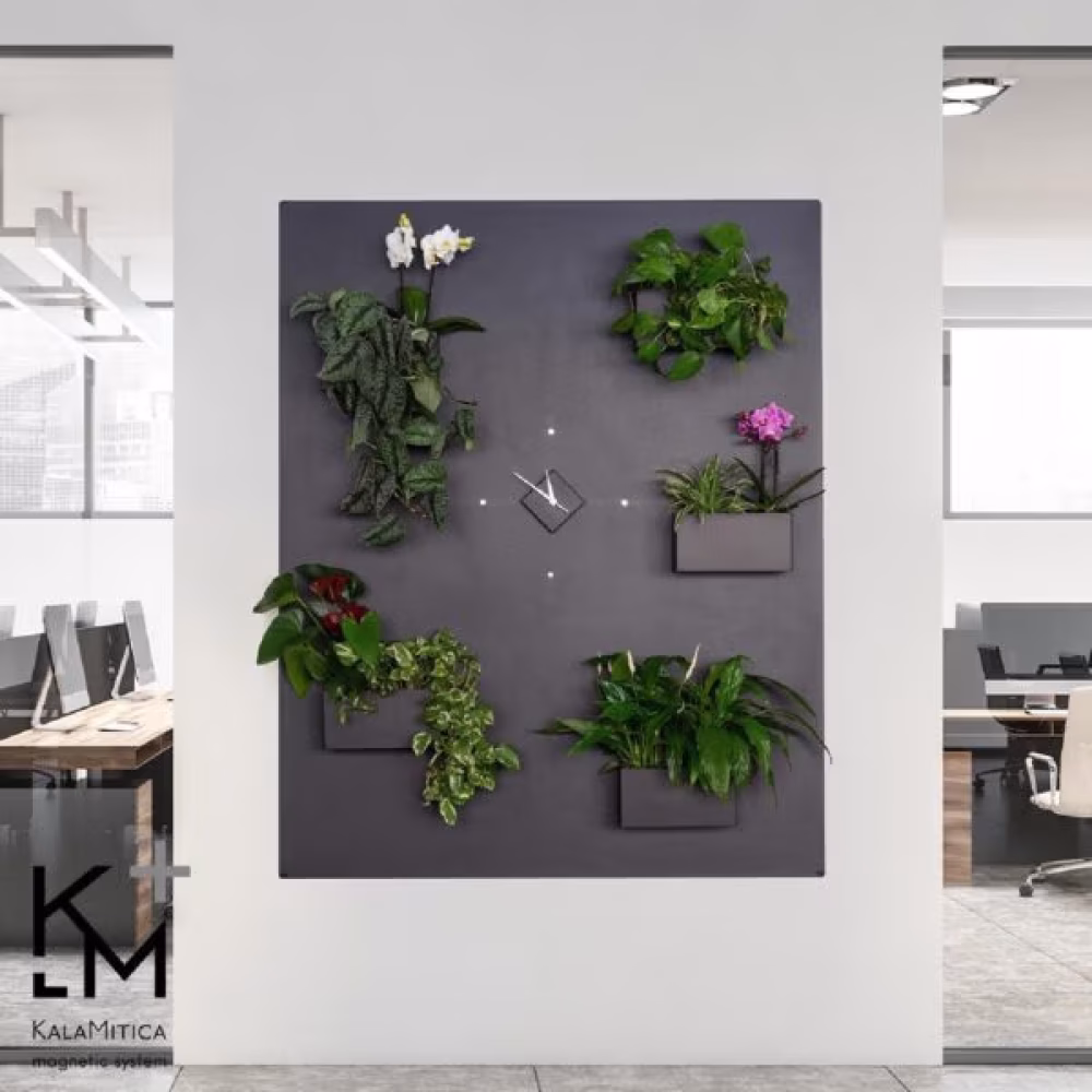 Zwart groot magneetbord van 1 meter bij 1.45 meter dat in zwarte stijl is ingericht met zwarte magnetische bakjes in verschillende maten en groene kamerplanten
